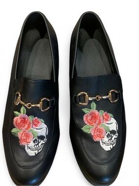 Women’s Black  Loafers with Floral Skull Embroidery